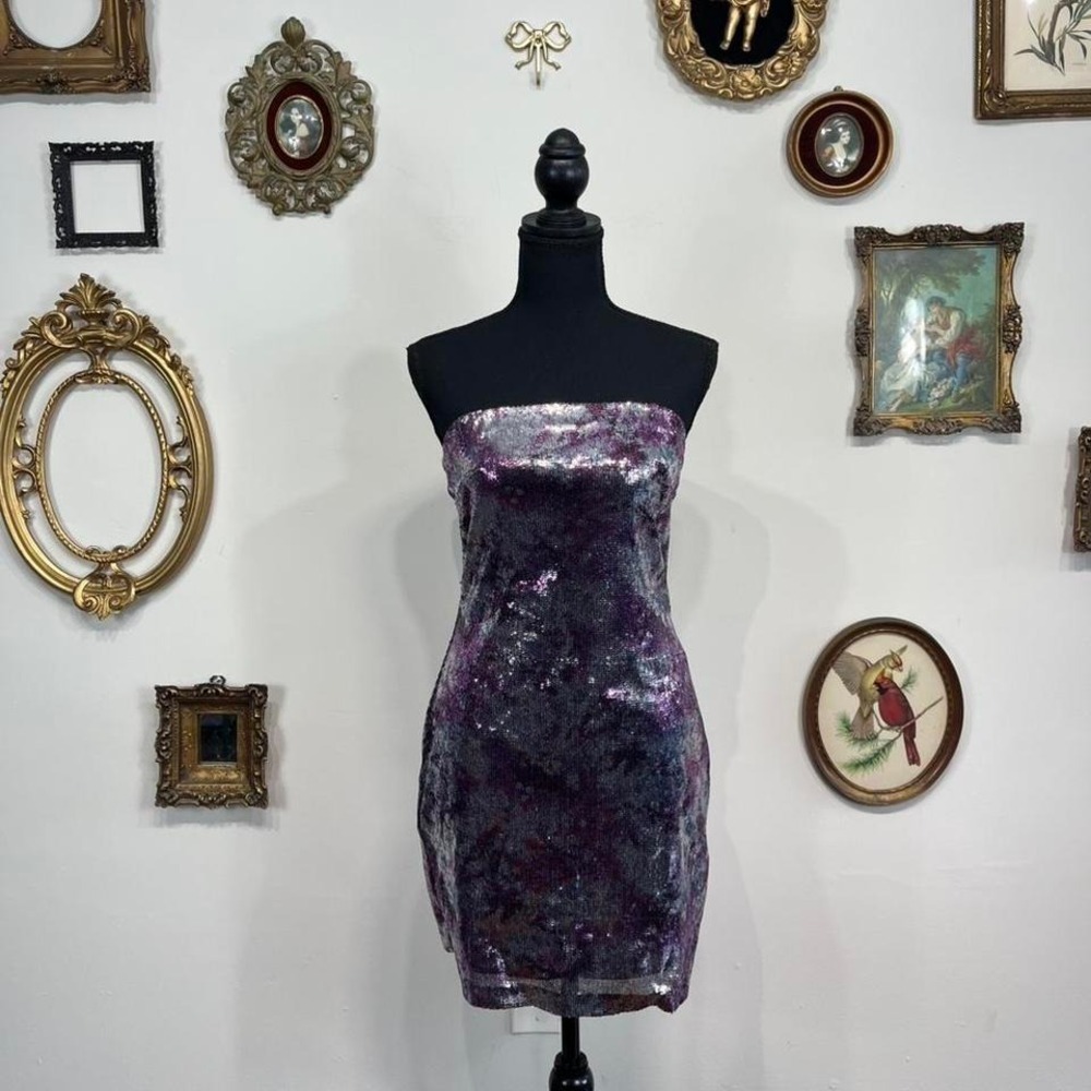 Vintage Jessica McClintock Purple Sequin Strapless Bodycon Dress – Size 8